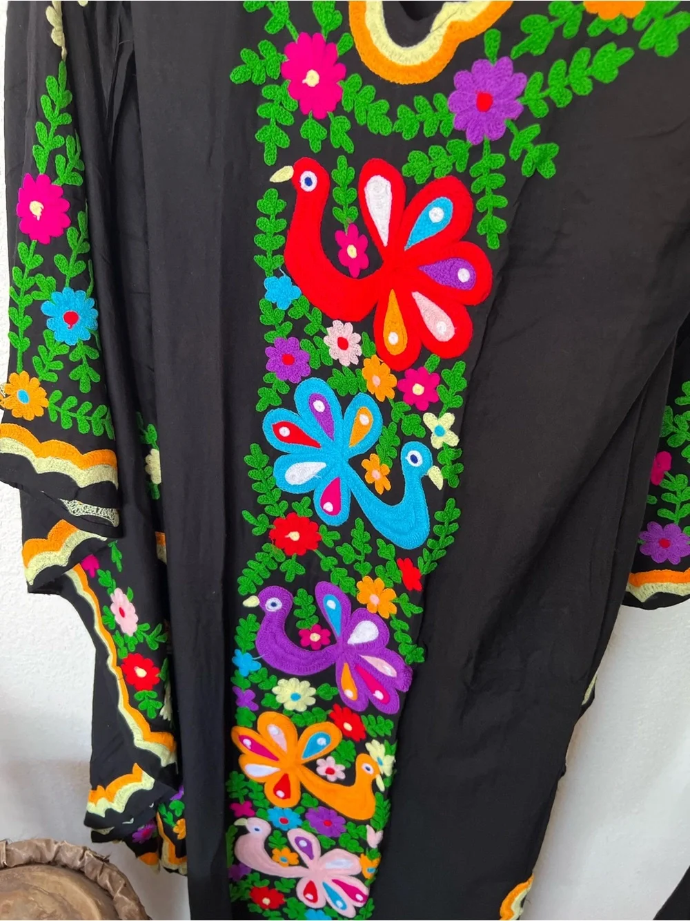 Embroidered Black Maxi Dress with Multicolor Floral & Peacock sz Sm - Picture 5 of 9